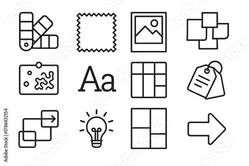 Mood Board Icons. Mood Boards. Line icon set of Mood Boards: color palette, fabric swatch, texture pattern, inspiration photo, sticky notes,