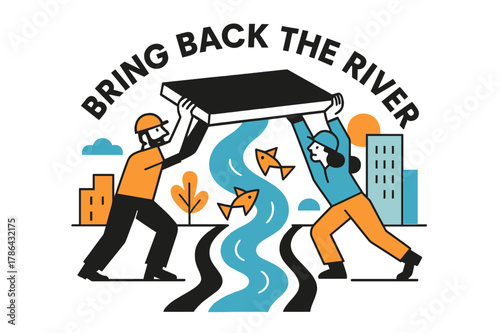 Daylighting City Stream. Green infrastructure ? Daylighting a city stream. Workers lift a stylized slab; water ribbon reappears with jumping fish triangles.