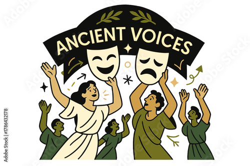 Masks and Myth. Amphitheater ? Masks & Myth. A chorus lifts comedy and tragedy masks; a laurel wreath icon arcs above. Caption ?Ancient Voices? glows along the