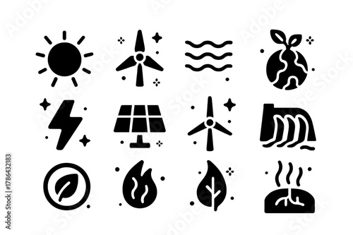 Renewable Energy Icons. Renewable energy. Solid icons set of Renewable energy: sun, wind, water, earth, energy, solar, panel, turbine, hydro, bio, geo,