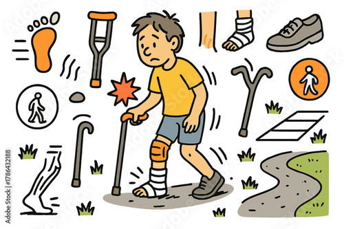 Hobbled Walk. Hobbled step. Hand-drawn doodle illustration person walking (colored), uneven stride (colored), crutch (colored), cane (colored), bandaged foot