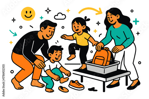 Family Security Check. Family at security. Parents helping kids remove shoes and place belongings on tray;