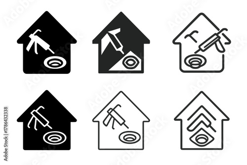 Air Sealing Logo Variations. Air sealing attic. Set Logo of Air sealing attic: caulk gun sealing can light. harmonious logo variations of the same emblematic