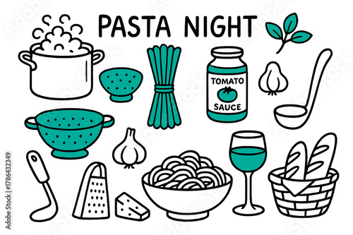 Pasta Night Essentials. // Pasta night. Hand-drawn doodle illustration Pasta night [boiling pot (accented), colander, spaghetti (accented), tomato sauce jar,