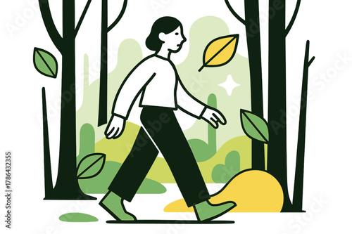 Abstract Forest Walk. Silent Forest. Person walking through quiet forest with floating abstract geometric leaves and soft light accents, serene and