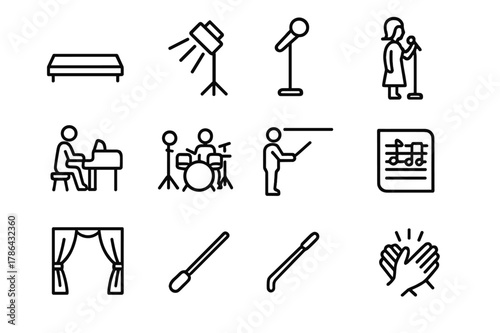 Theater Rehearsal Icons. A Musical Theater Cast Rehearsing a Song in Front of a Live Band. Line icon set of A Musical Theater Cast Rehearsing a Song in Front