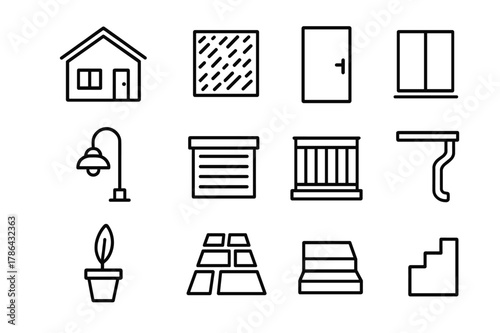 Black Exterior Icons. Black Exterior. Line icon set of Black Exterior: modern house facade, dark roof, matte wall texture, steel door, minimalist windows,