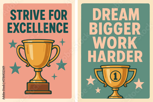 Retro Motivation Banners. Strive for excellence. Two vertical A6 banners with safe margins, centered composition, no elements touching edges, retro, pink and
