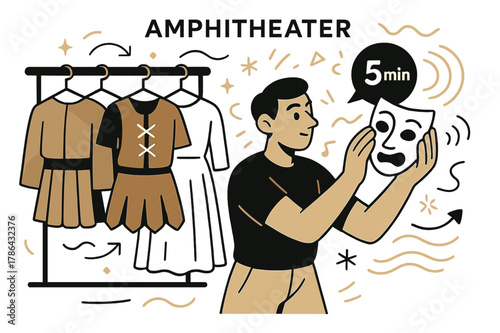 Backstage Theater Serenity. Amphitheater ? Backstage Calm. Costumes hang in tidy rows; a stagehand adjusts a mask while a tiny ? min? callout glows. Soft sound