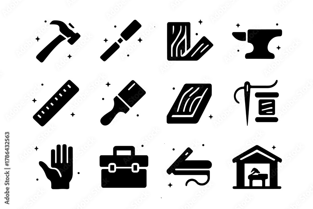 Obraz premium Craftsmanship Icon Set. Emphasis on Craftsmanship. Solid icons set of Emphasis on Craftsmanship: hammer, chisel, saw, anvil, ruler, paintbrush, wood plank,