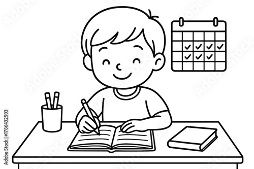 Child's Daily Journal. Daily Journal Habit children?s coloring book illustration, outlined drawing, a smiling child writing in a notebook at a tidy desk with a