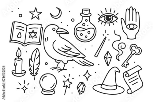 Mystical Raven Icons. Raven and magic. Hand-drawn doodle illustration Raven and magic potion bottle, spell book, candle, wand, crystal ball, feather, scroll,