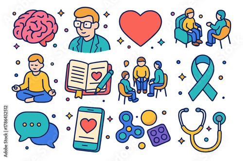 Mental Health Icons. Mental health campaign. Colorful isometric vector icons set of mental health campaign: brain, therapist, heart, counseling session,