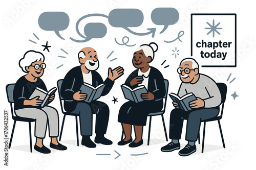 Lively Book Club. Elderly ? Book Club. A semicircle of chairs with seniors holding books; speech bubbles weave in a calm loop. Minimal poster on the wall: