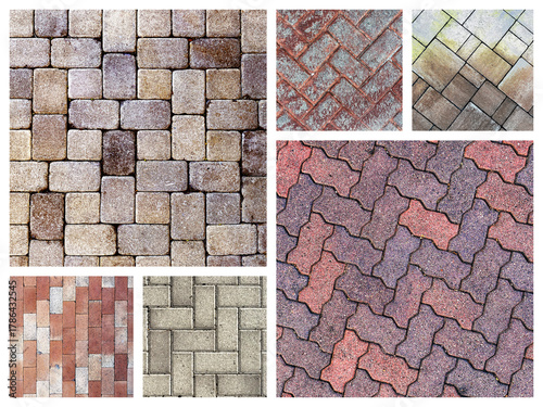 ifferent patterns and colors of paving stones are arranged in a collage each section shows unique brick shapes and textures creating a diverse collection of pavements