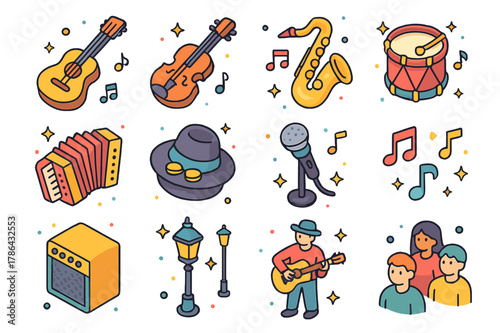 Colorful Busking Icons. Busking. Colorful isometric vector icons set of busking: guitar, violin, saxophone, drum, accordion, hat for tips, microphone, music