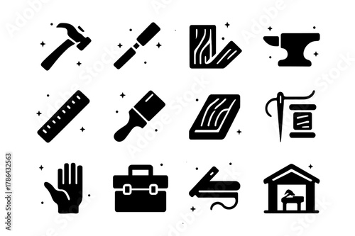 Craftsmanship Icon Set. Emphasis on Craftsmanship. Solid icons set of Emphasis on Craftsmanship: hammer, chisel, saw, anvil, ruler, paintbrush, wood plank,