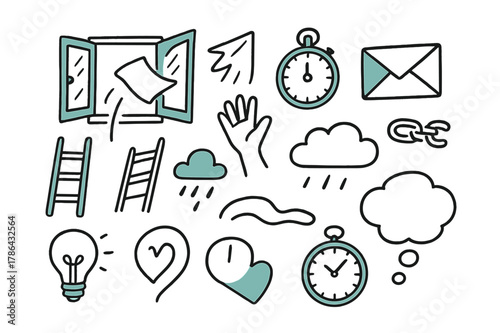 Missed Opportunity Icons. // Missed opportunity. Hand-drawn doodle illustration missed opportunity [open window (accented), flying paper (accented), ladder,