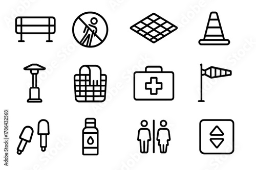 Rooftop Safety Icons. Rooftop Safety and Comfort. Line icon set of Rooftop Safety and Comfort: guardrail, no leaning sign, non slip floor, caution cone, patio