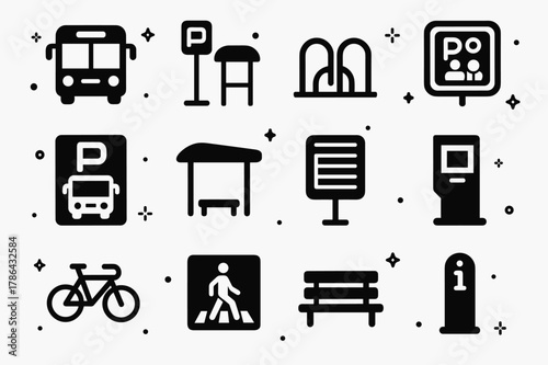 Park-and-Ride Icons. Park-and-ride hubs. Solid icons set of Park-and-ride hubs: shuttle bus, bus stop, bike rack, carpool sign, park-and-ride sign, shelter