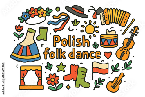 Polish Folk Dance Doodle. Polish folk dance. Hand-drawn doodle illustration of Polish folk dance. Floral crown