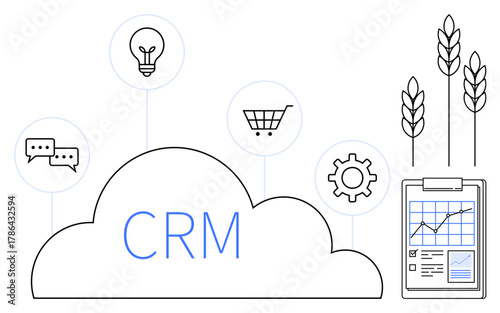 CRM cloud surrounded by icons representing communication, innovation, e-commerce, productivity, and agriculture. Ideal for business analysis, customer management, marketing, e-commerce farm tech