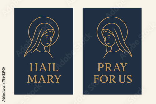 Minimalist Ave Maria Banners. Ave Maria. Two vertical A6 banners with safe margins, centered composition, no elements touching edges, minimal, navy and gold,