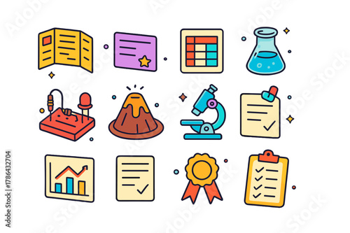 Science Fair Icons. Science fair projects. Colorful isometric vector icons set of Science fair projects: tri-fold board, hypothesis card, variables table,