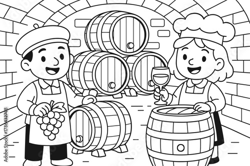 Wine Cellar Illustration. wine cellar with barrels children?s coloring book illustration, outlined drawing, a cozy wine cellar with big barrels and happy wine