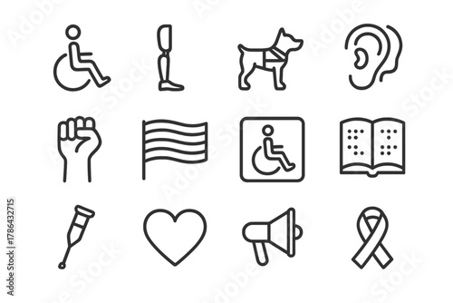 Inclusion Icon Set. Disability inclusion symbols. Line outline icon set of disability inclusion symbols: