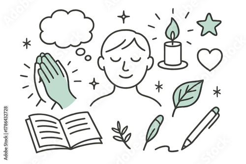 Inner Reflection Doodle. // Inner reflection. Hand-drawn doodle illustration Inner reflection [hands clasped (accented), closed eyes (accented), candle flame