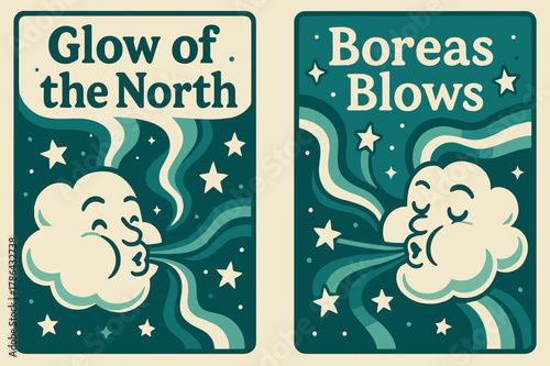 Aurora Banners Delight. Aurora Night. Two vertical A6 banners with safe margins, centered composition, no elements touching edges, cartoon, teal and cream,