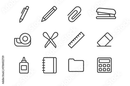 Office Supplies Icons. office supplies display. Line icon set of office supplies display: pen, pencil, paperclip, stapler, tape, scissors, ruler, eraser, glue,