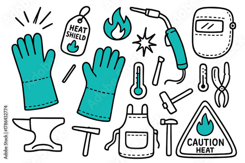 Welding Tools Doodle. // Welding gloves. Hand-drawn doodle illustration welding gloves [long-cuff glove pair (accented), welding torch (accented), flame icon,
