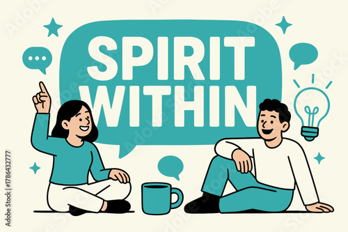Interactive Spirit Banner. Spirit Within banner, flat vector illustration, bold oversized text inside rounded blob banner, cartoon characters sitting and