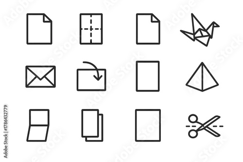 Paper Folding Icons. Paper Folding. Line icon set of Paper Folding: folded paper, crease lines, corner fold, origami shape, envelope fold, fold arrow, unfolded