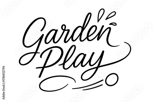 Garden Play Script. Garden Play ? brush script hand-lettering with fluid semi-cursive strokes, thin connectors, fast brush flicks; composition: centered;