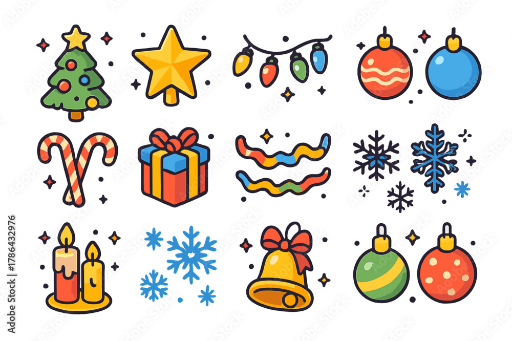 Fototapeta premium Festive Decoration Icons. Festive decorations. Colorful isometric vector icons set of festive decorations: Christmas tree, star topper, lights, baubles, candy