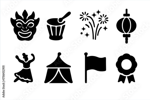 Cultural Festival Icons. Cultural Festivals. Filled icon set of Cultural Festivals: traditional mask, drum,