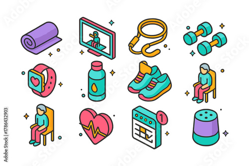 Senior Fitness Icons. Home fitness for seniors. Colorful isometric vector icons set of Home fitness for seniors: exercise mat, TV workout screen, resistance