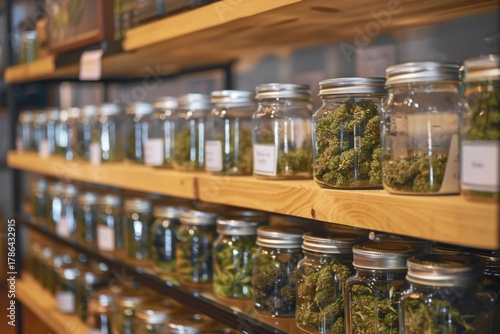 Jars of cannabis on wooden shelves in a dispensary