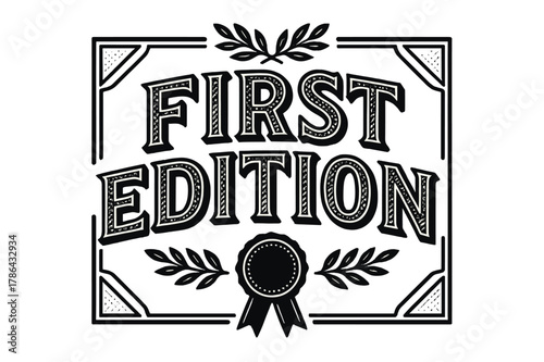 Playful Decorative Typography. First Edition ? Decorative Display Lettering; playful patterned glyphs (fine dots/stripes) and a slight arch; framed badge with