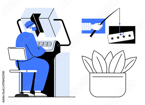 Cybersecurity expert analyzing data on computer, hand fishing credentials, password theft, digital plant. Ideal for technology, data protection, online threats, fraud prevention, privacy hacking
