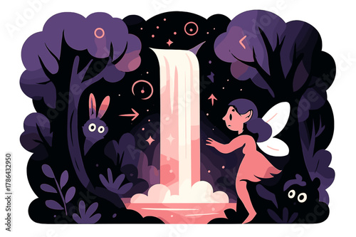 Mystical Waterfall Enchantment. Hidden waterfall. A glowing waterfall cascading into a mystical forest,