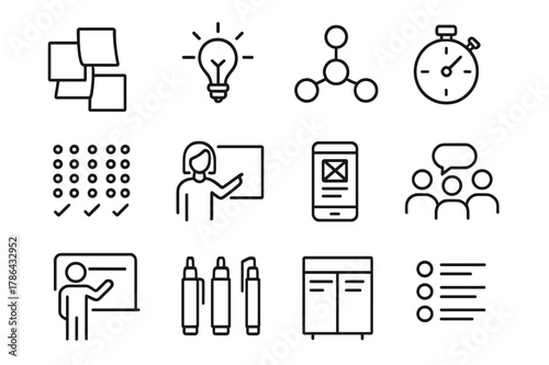 Workshop Icon Collection. Workshop and Brainstorming. Line icon set of Workshop and Brainstorming: sticky notes, idea lightbulb, mind map, dot