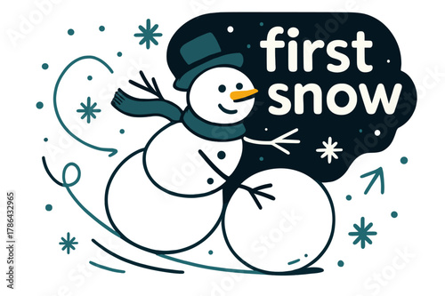 First Snowman Creation. Snowman ? First Snow. A lone snowman forms from rolling spheres; gentle lines show the path of motion. Caption ?first snow? glows