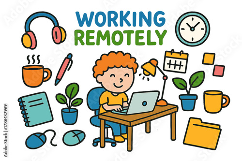 Remote Work Doodle. working remotely. Colorful Hand-drawn doodle Children illustration working remotely laptop, desk, chair, coffee cup, notebook, pen, plant,
