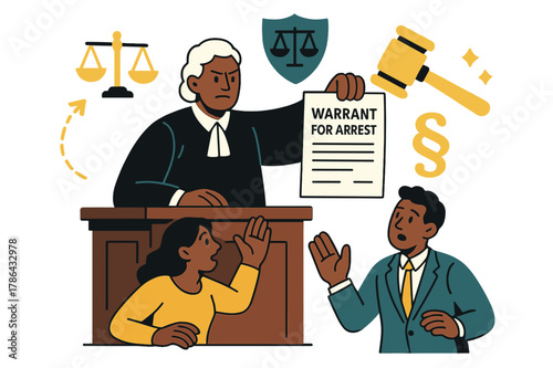 Arrest Warrant Scene. Warrant for arrest. Courtroom scene with judge presenting an arrest warrant and abstract floating icons; emphasizes law, authority, and
