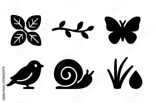 Nature Icon Set. Nature details. Filled icon set of nature details: leaf pattern, vine line, pebble stones,