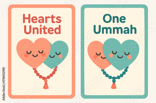 Hearts United Banners. Unity of Hearts. Two vertical A6 banners with safe margins, centered composition, no elements touching edges, kawaii, coral and teal,